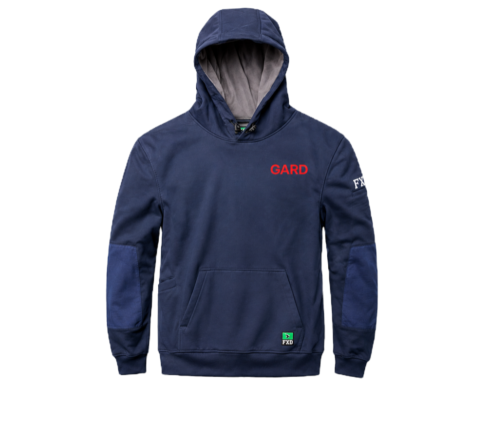A GARD Constructions navy work hoodie with the company logo